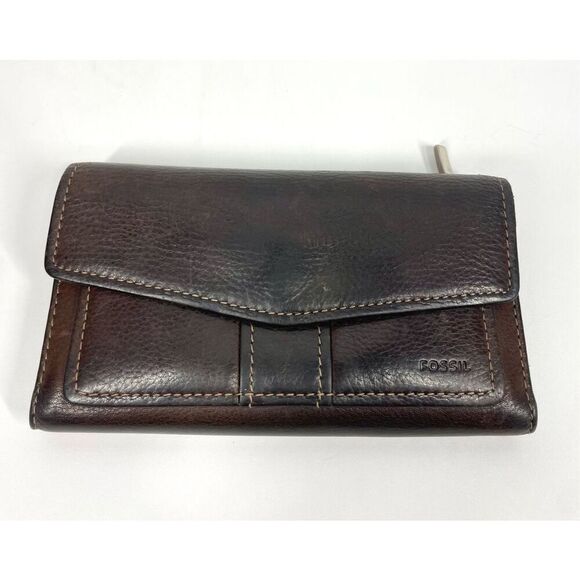 Vintage Fossil Emory Dark Brown Leather Contrast Stitching Envelope Snap Wallet - Picture 1 of 8